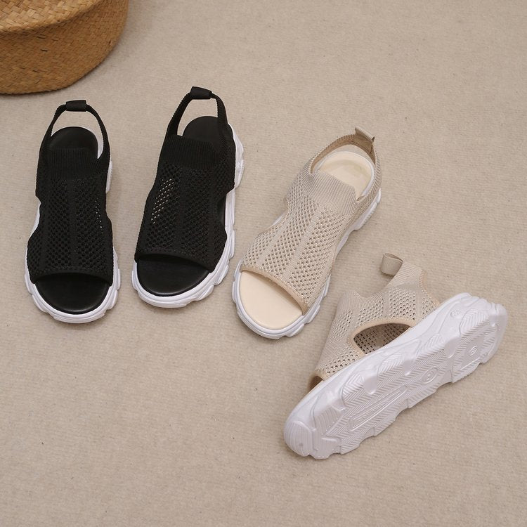 Summer Sandalas Solid Color Elastic Slip-on Peep Toe Wedge Fly Woven Mesh Casual Women's Shoes