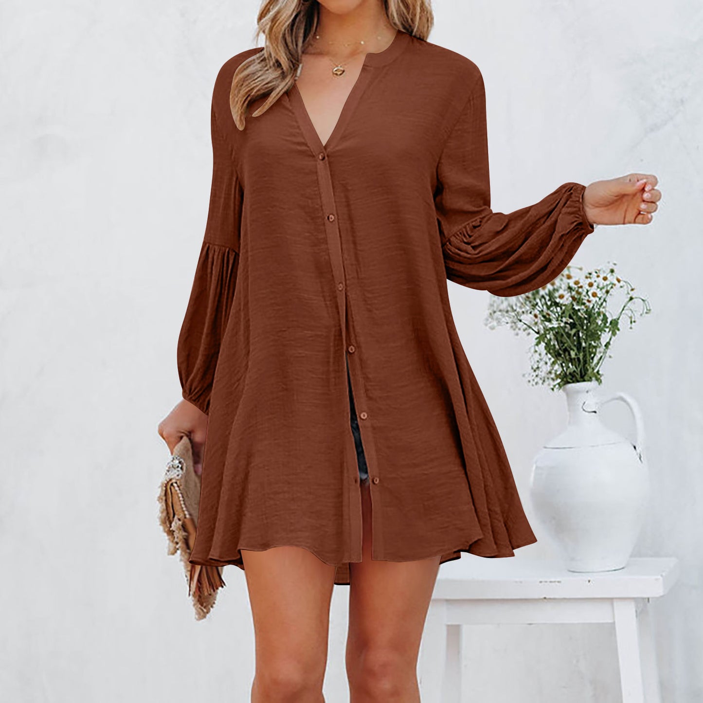 Women's Solid Color Stitching Casual Loose Cardigan Button T-shirt