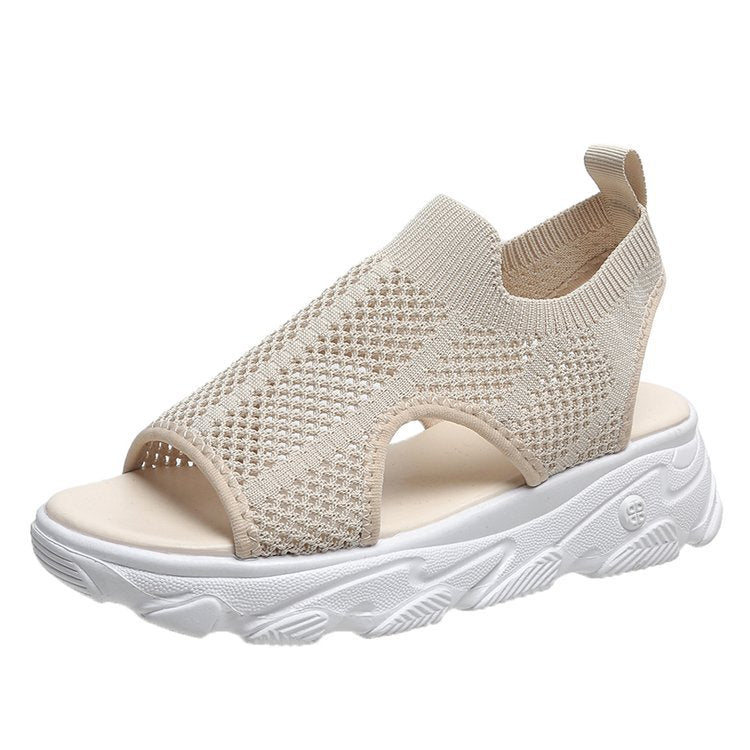 Summer Sandalas Solid Color Elastic Slip-on Peep Toe Wedge Fly Woven Mesh Casual Women's Shoes