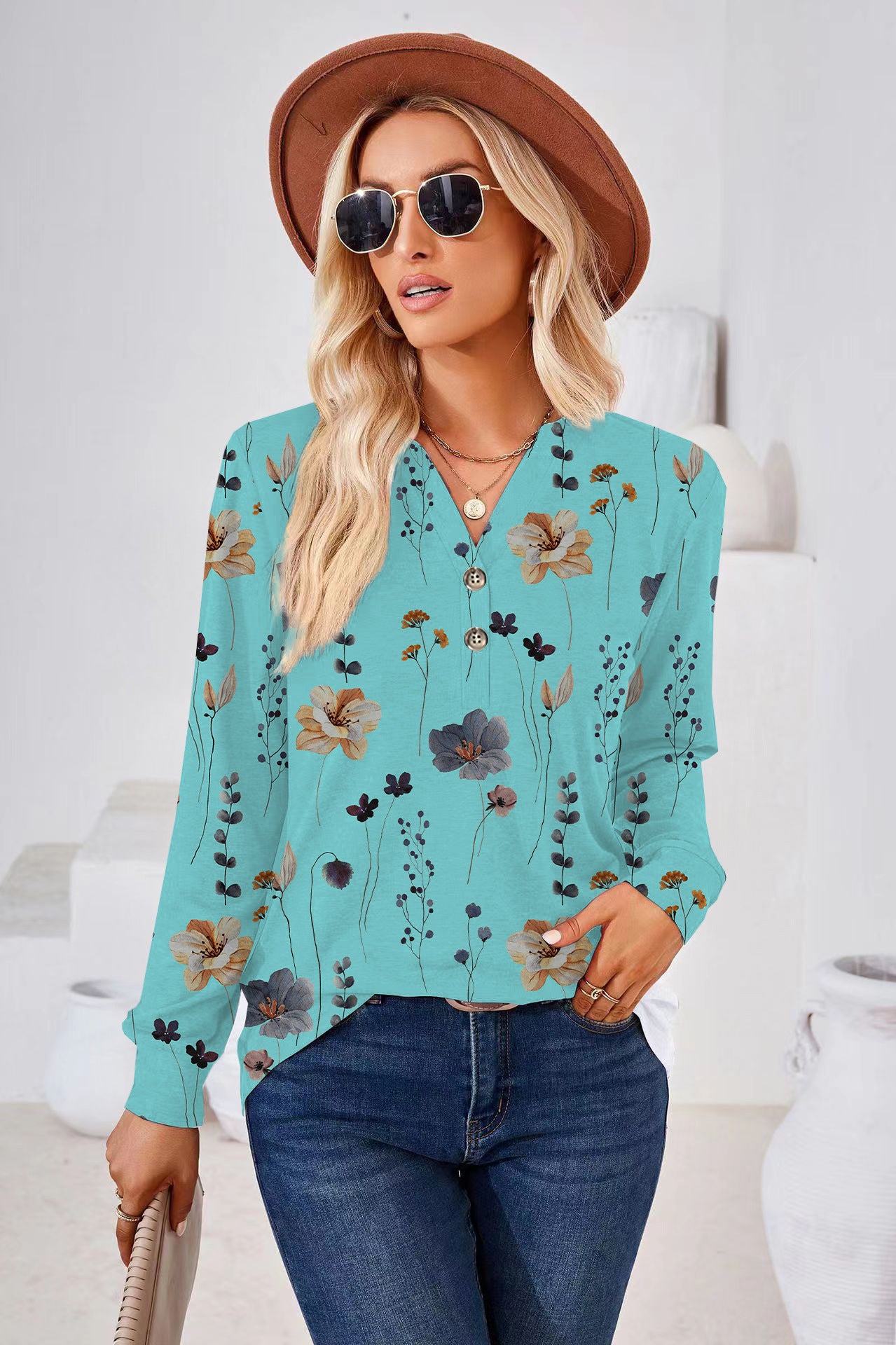 Women's Fashion Casual Printing Button V-neck Long Sleeve