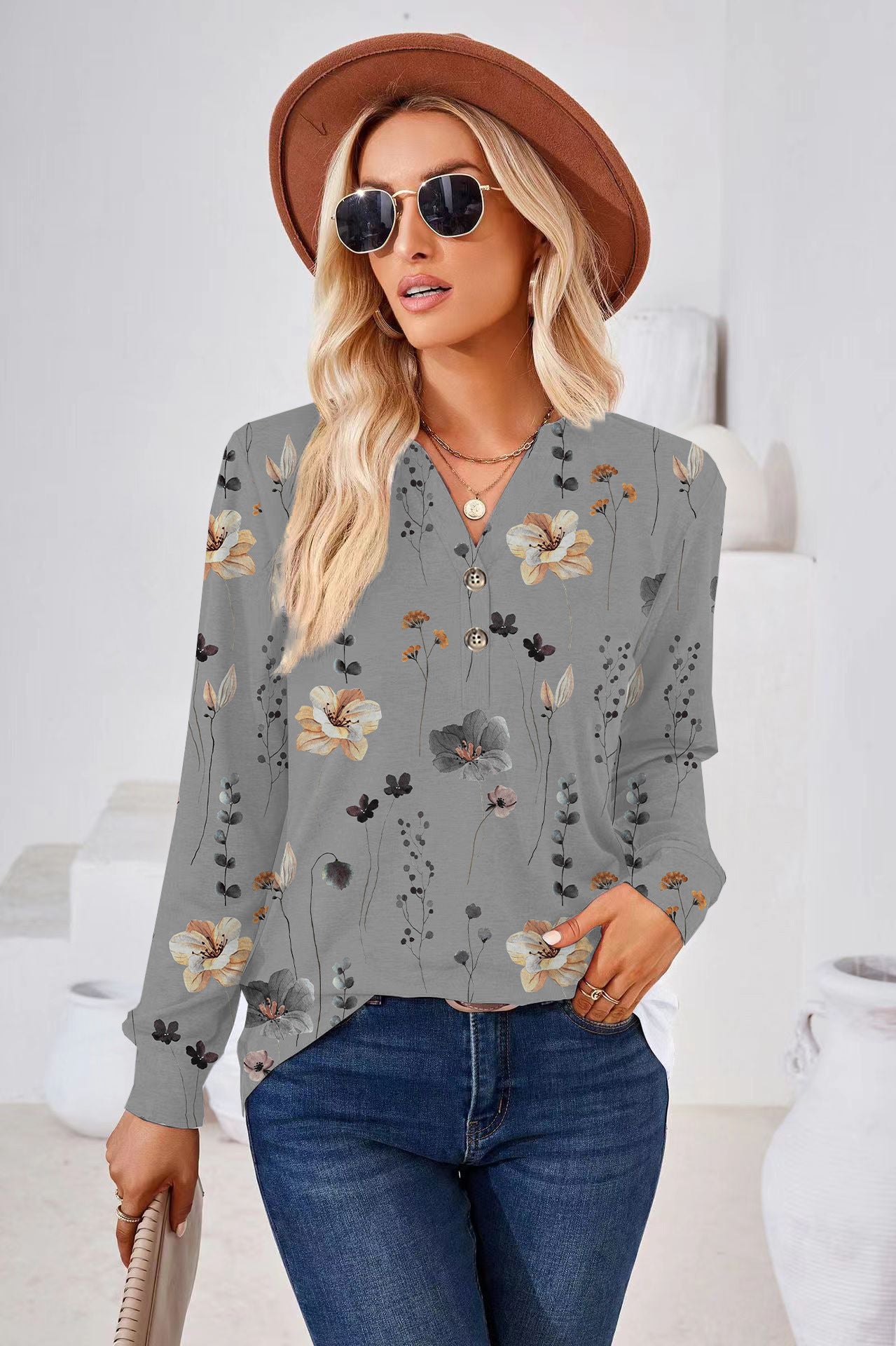 Women's Fashion Casual Printing Button V-neck Long Sleeve
