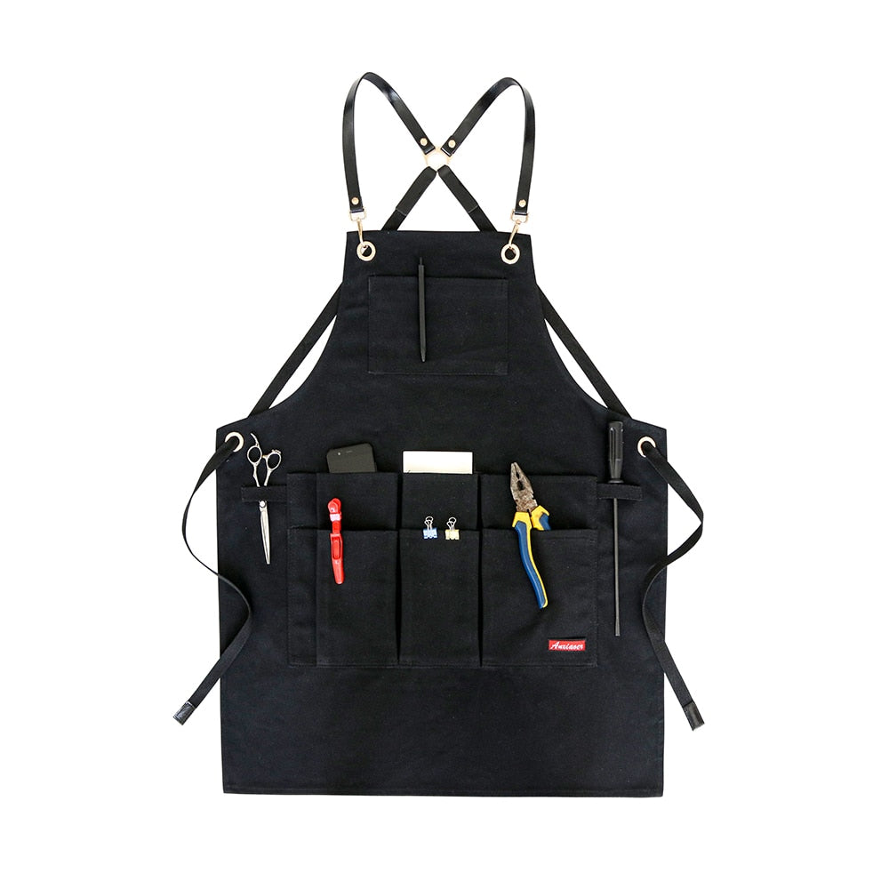 New Durable Goods Heavy Duty Unisex Canvas Work Apron with Tool Pockets Cross-Back Straps Adjustable For Woodworking Painting