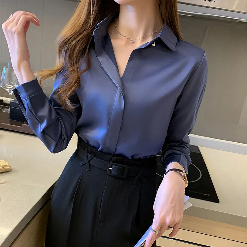 Satin Women's Shirt Long Sleeve Fashion Woman Blouse 2023 Solid Top Female Shirts and Blouse Basic Ladies Tops OL Women Clothing