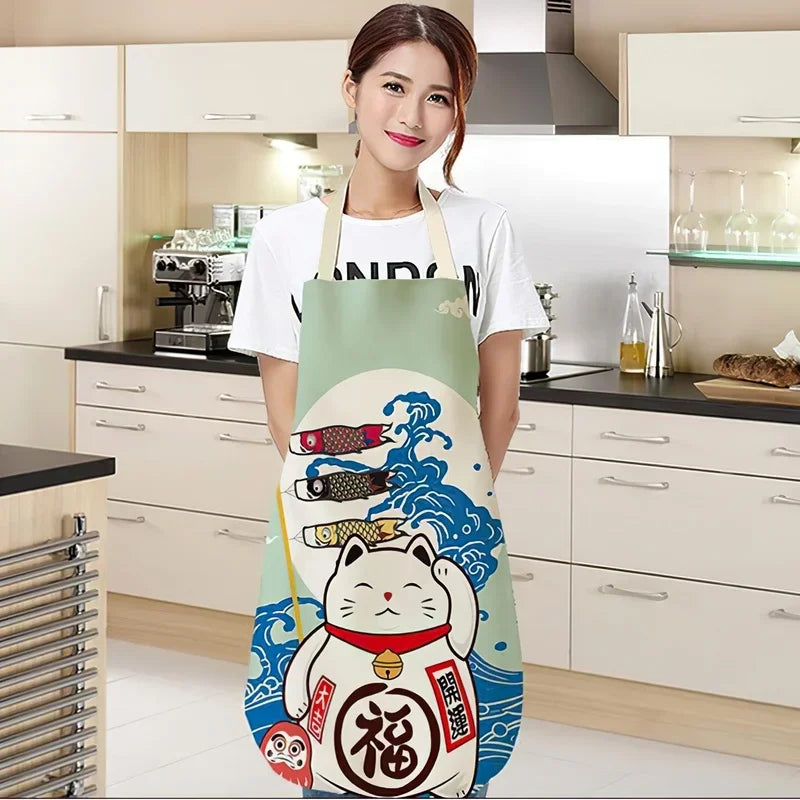 Cotton and Linen Apron Japanese Cartoon Lucky Cat Cooking Sleeveless Bib Waterproof Anti-greasy Kitchen Supplies Chef Apron