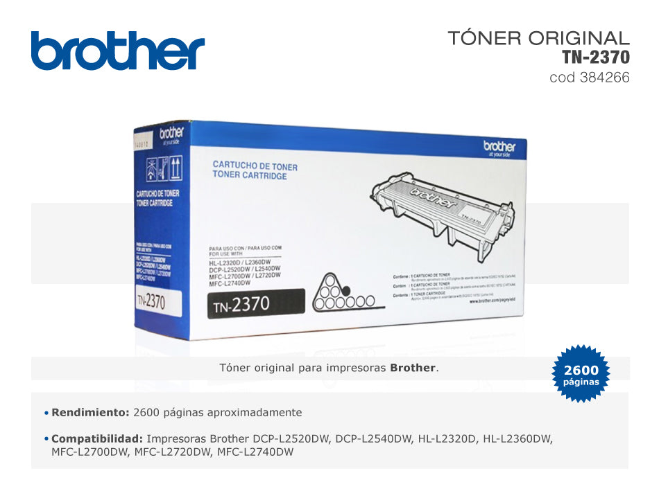 Tn-2370/tn-660 Toner compatible con Brother HL-L2320D. HL-L2360DW. DCP L2540DW. MFC-L2740DW. MFC-L2700DW. 2600 Paginas.