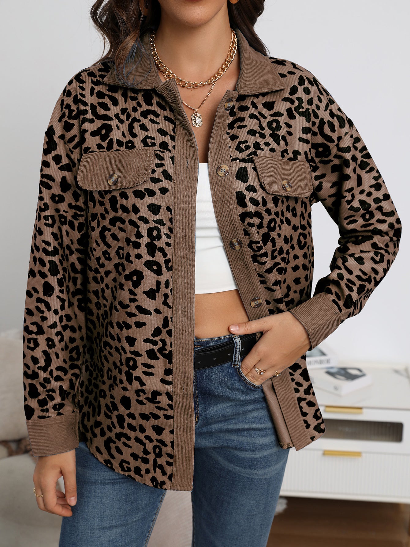 Leopard Print Shirt Coat Fashion Button Long Sleeve Jacket Women