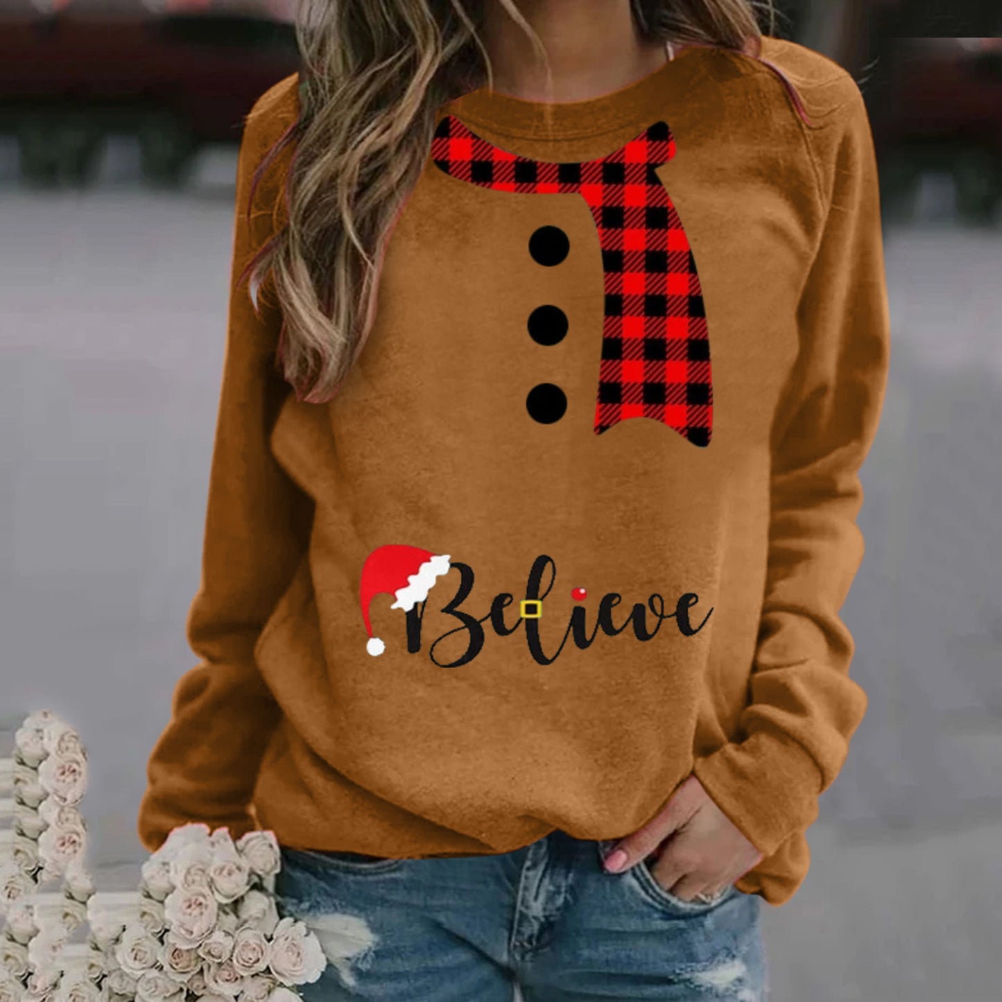 Women's Fashion Christmas Pattern Printing Long Sleeve Crew Neck Sweater