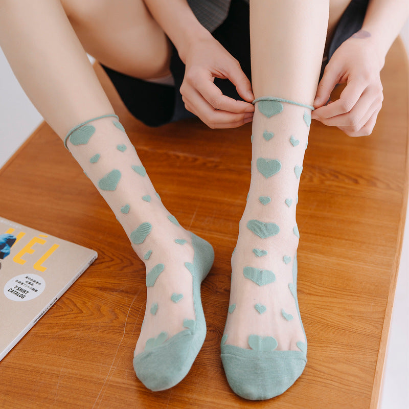Love Socks Female Middle Tube Transparent Korean Glass Silk Ins Tide Crystal Socks
