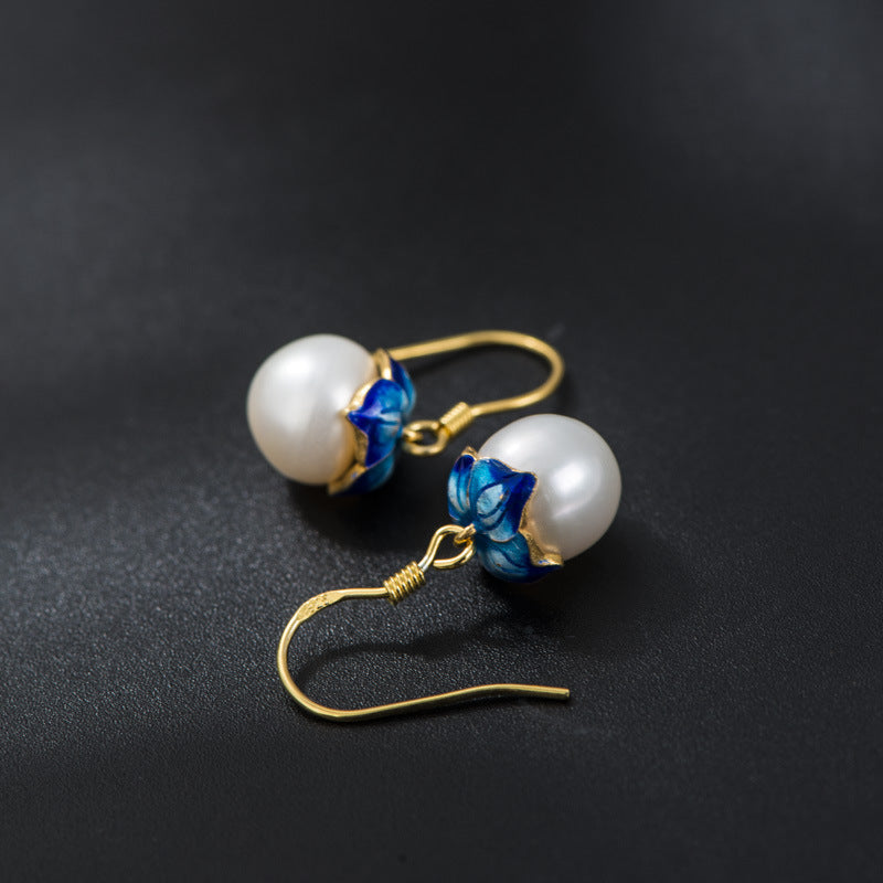 Cloisonne 925 Silver Earrings Sukhothai gold jewelry design freshwater pearl earrings earrings lotus female wholesale