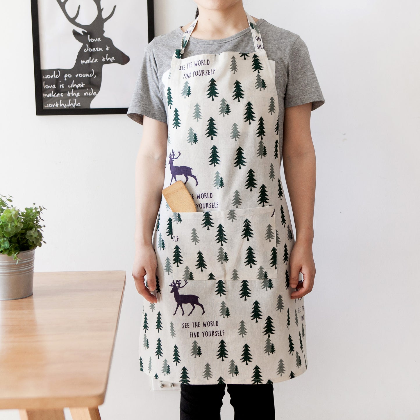 Fawn plus cotton linen apron English printing apron