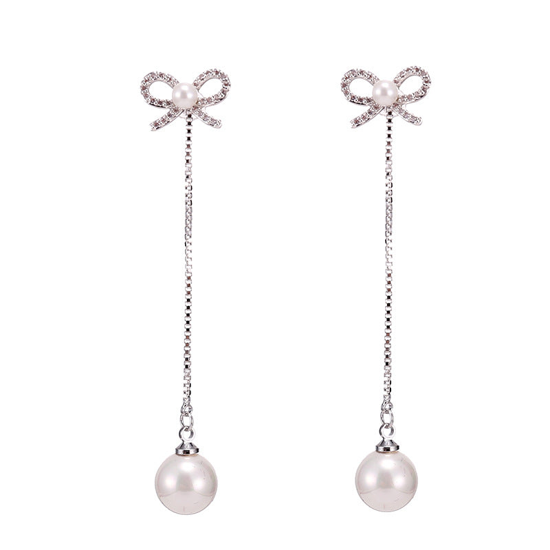 Sterling Silver Needle Bow Earrings Long Pendant Pearl Hypoallergenic Earrings Copper Jewelry Two Ways