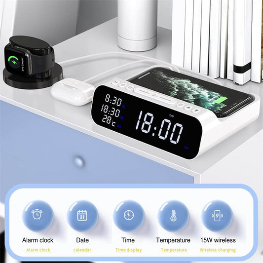 15W Three-in-one Wireless Charger Temperature Tester Multi Alarm Clock Fast Charging Mobile Phone Usb Charger Charging Station
