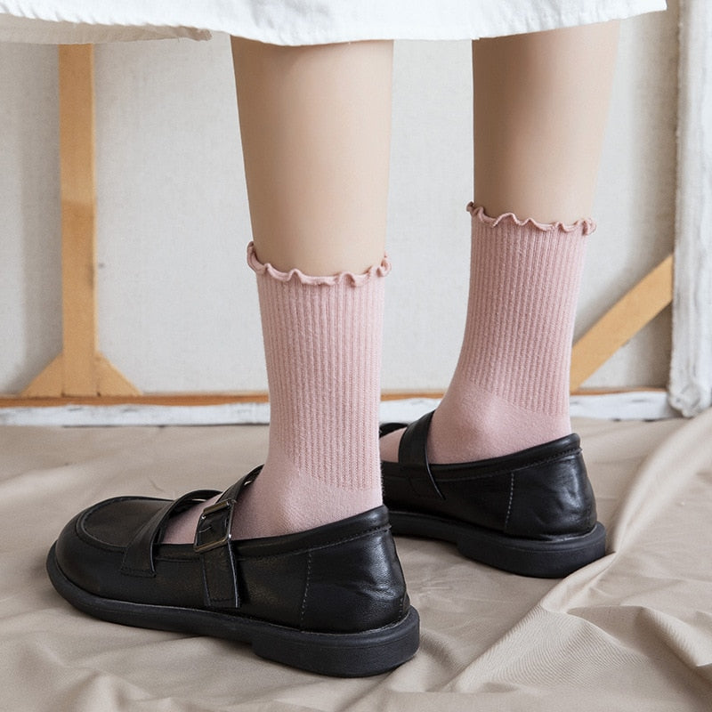 White Socks Women Kawaii Cute Frilly Ruffle Socks Cotton Japanese Fashion Purple Woman Crew Socks Female calcetines de la mujer