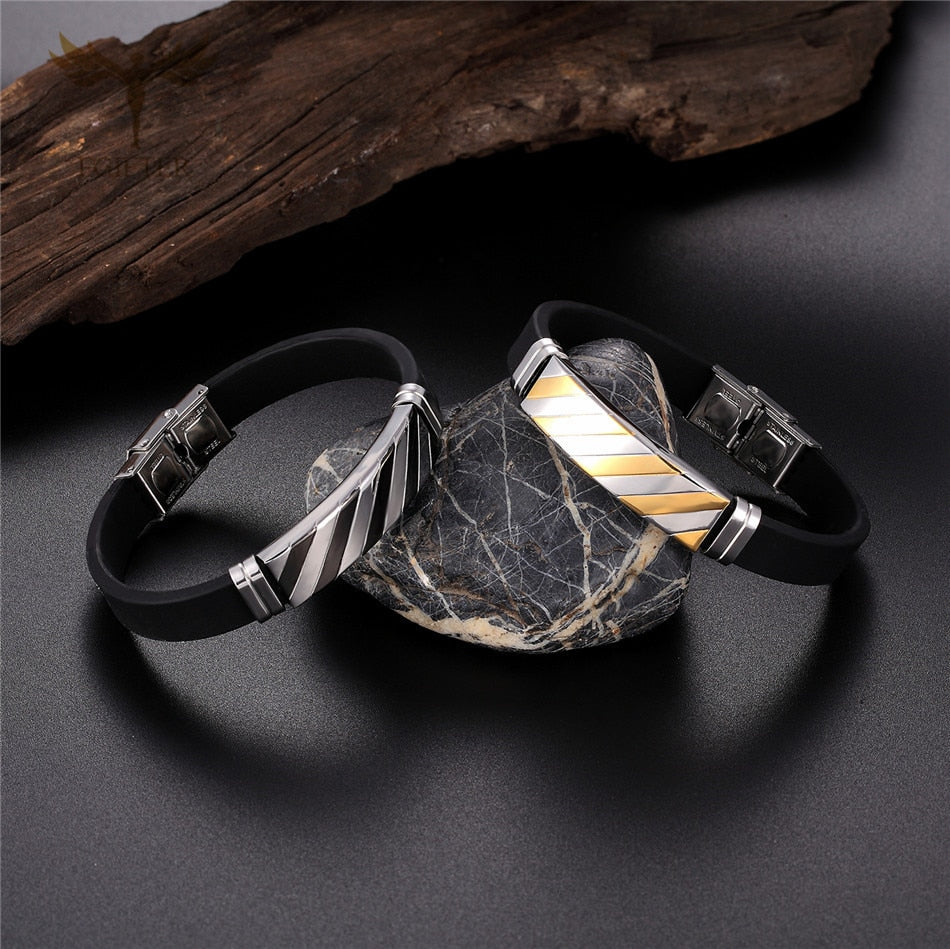 2022 Hot Sale Geometric Stripe Bangle Stainless Steel Cuff Silicone Bracelet Men&#39;s Women&#39;s Jewelry