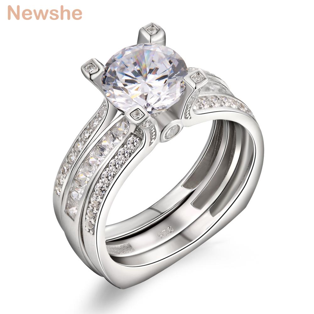 Newshe Solid 925 Sterling Silver Square Bottom Round Cut AAAAA CZ Guard Engagement Ring Wedding Bands for Women