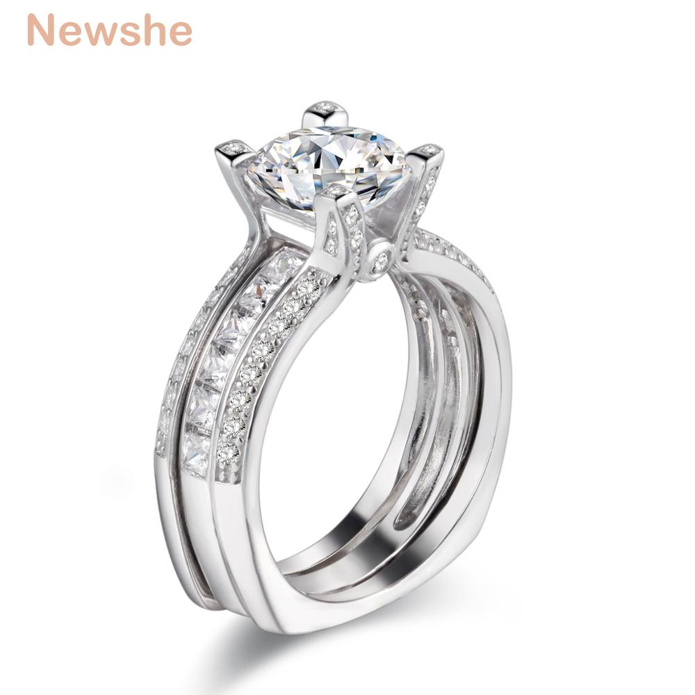 Newshe Solid 925 Sterling Silver Square Bottom Round Cut AAAAA CZ Guard Engagement Ring Wedding Bands for Women