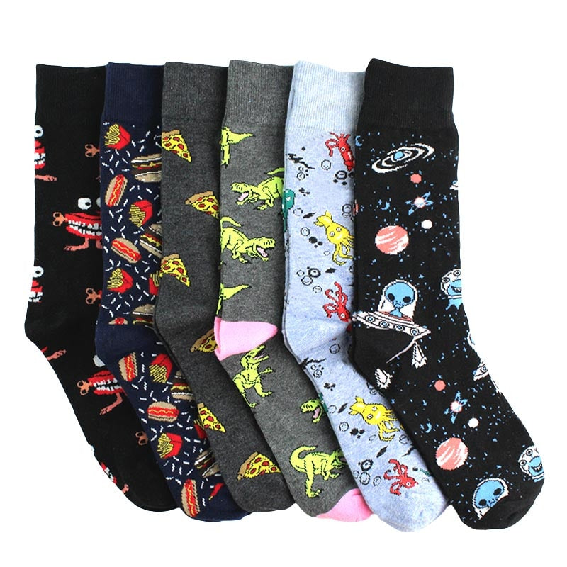 Creative Food Animal Funny Socks Cotton Alien Planet Socks Men Novelty Design Dinosaur Crew Skateboard Socks Calcetines Hombre