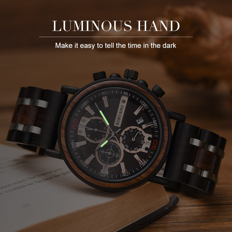 Relogio Masculino BOBO BIRD Wooden Watch Men Top Brand Luxury Stylish Chronograph Military Watches in Wooden Box reloj hombre
