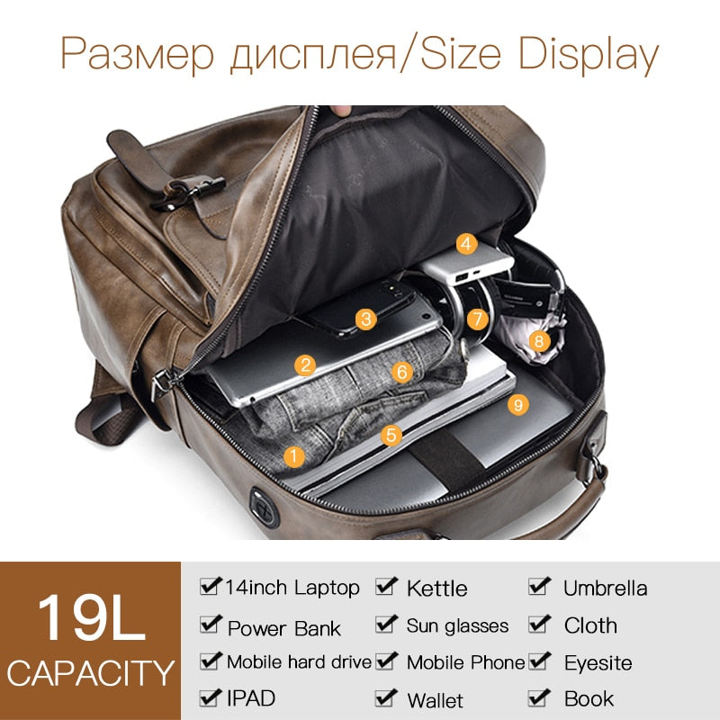 Jackkevin Men&#39;s Retro Leather Backpack Multi-function Large Capacity Men bag Travel Backpack Waterproof Laptop Backpack Mochila