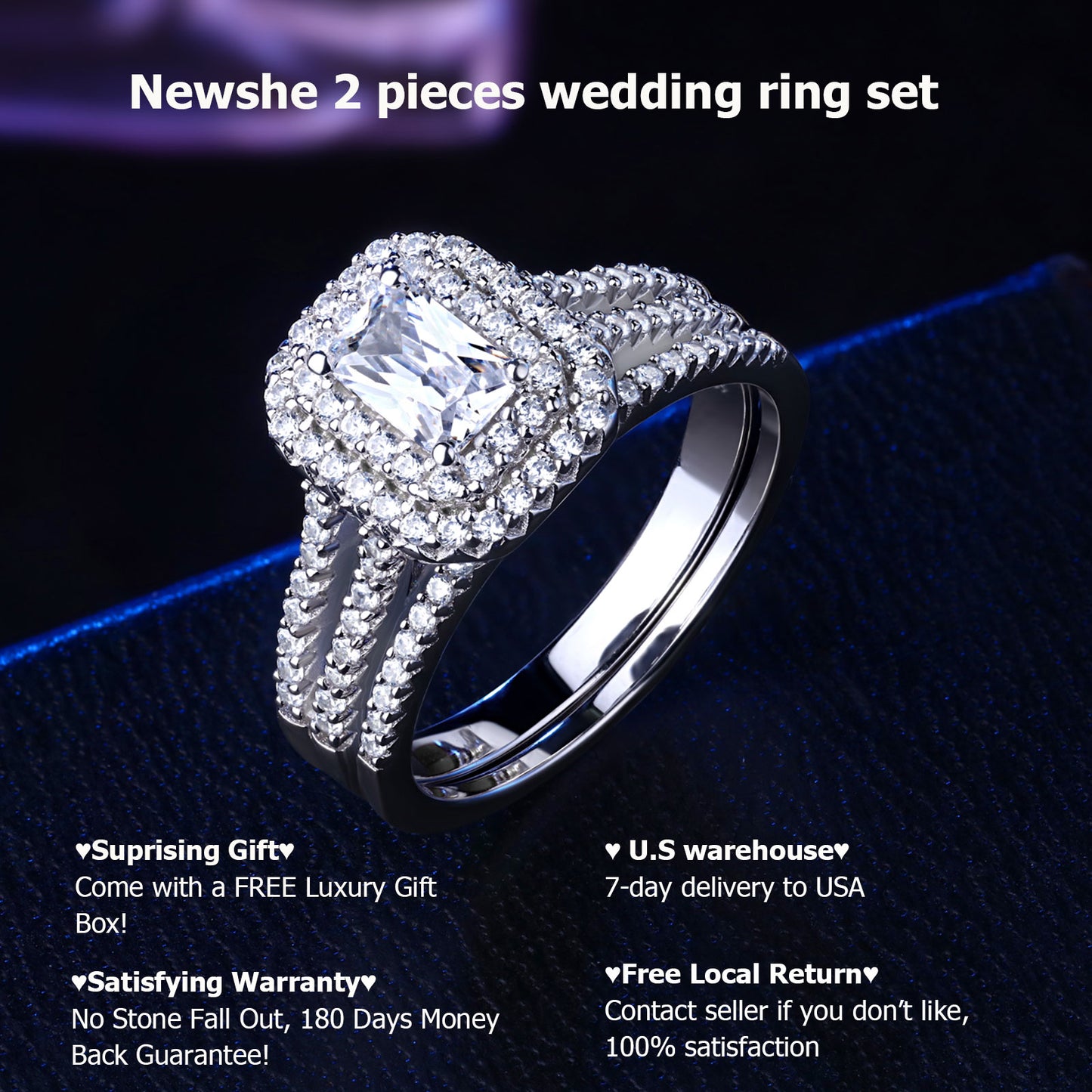 Newshe Solid 925 Silver Wedding Jewelry Double Halo Radiant Cut Engagement Bridal Rings for Women White AAAAA Cubic Zirconia
