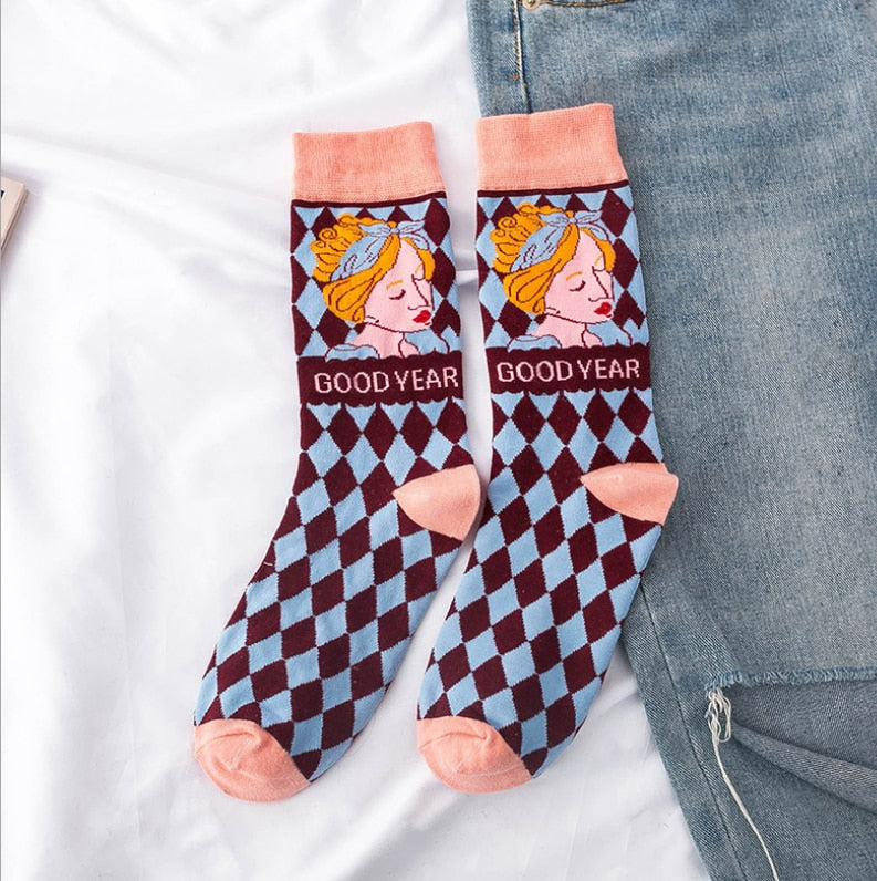 Occident Fashion Colorful Print Socks Women with Mushroom Spring Woman Socks Cotton Calcetines Mujer Meias 010202
